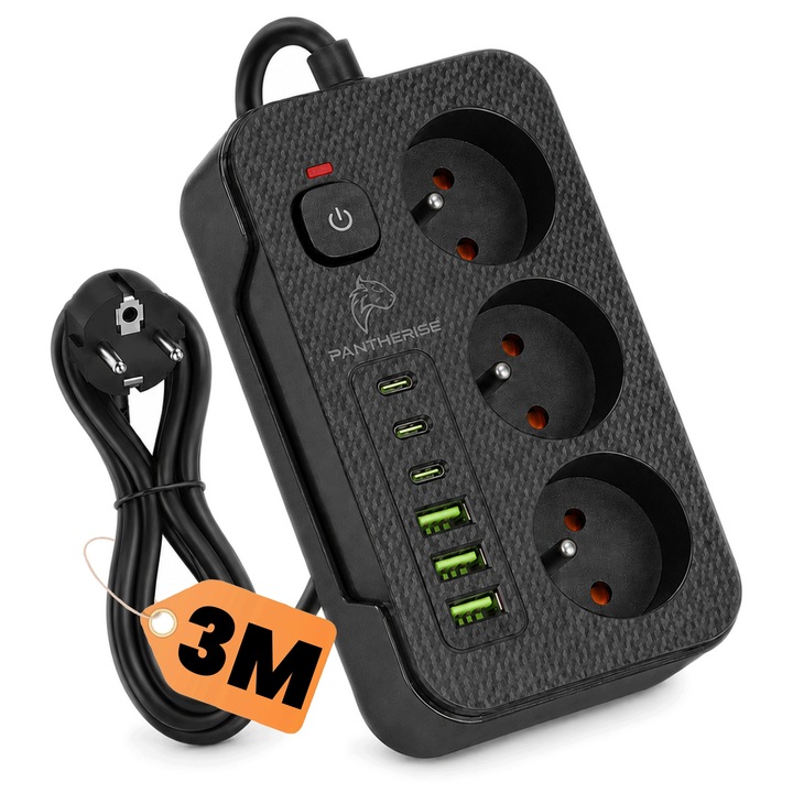 Prelungitor Electric, Pantherise, X LINE 343, 3m, 3 Prize, 6 USB, USB-C, 2500W, Montare pe Perete