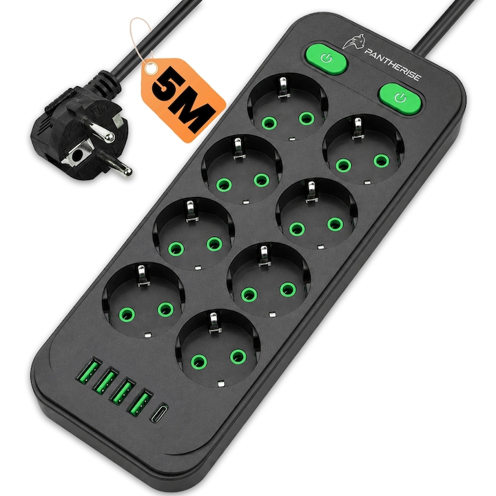 Prelungitor Electric, Pantherise, DUAL LINE 841PRO, 5m, 8 Prize, 5 USB, 2 Intrerupatoare, 2500W