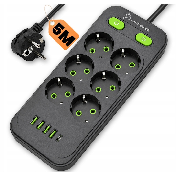 Prelungitor Electric, Pantherise, DUAL LINE 641PRO, 5m, 6 Prize, 5 USB, 2 Intrerupatoare, 2500W