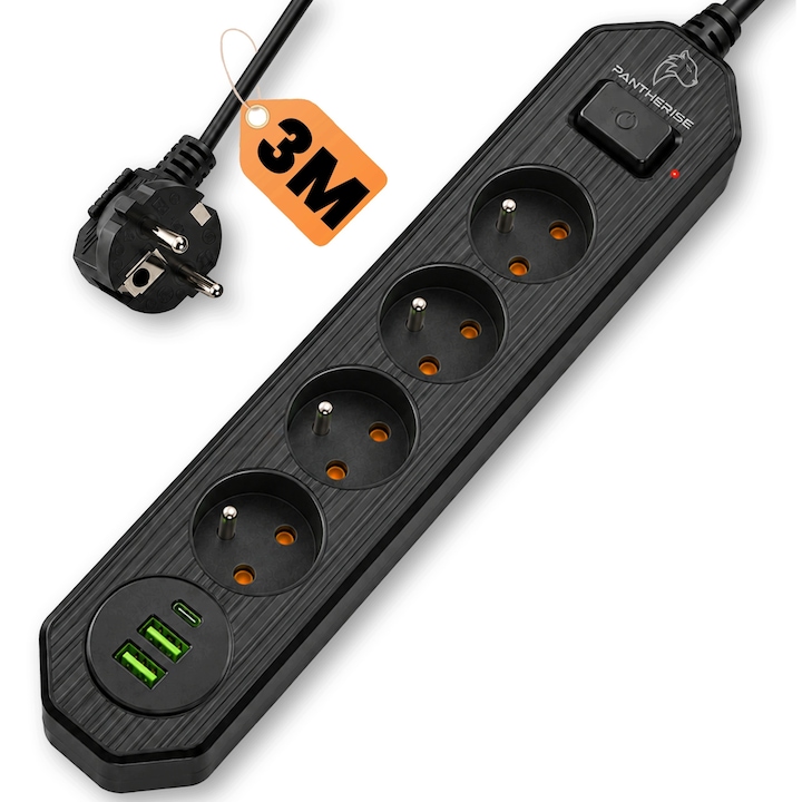 Prelungitor Electric, Pantherise, LINE 421, 3m, 4 Prize, 3 USB, USB-C, 2500W, Carlig de Agatare