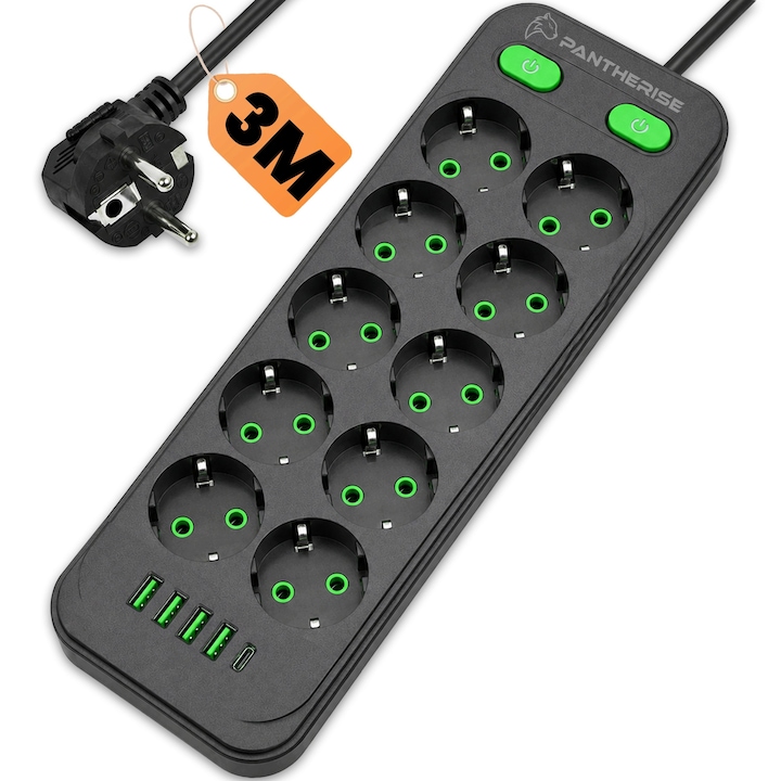 Prelungitor Electric, Pantherise, DUAL LINE 1041, 3m, 10 Prize, 5 USB, 2 Intrerupatoare, 2500W