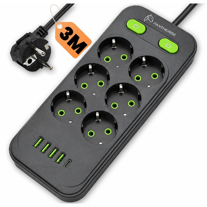 Prelungitor Electric, Pantherise, DUAL LINE 641, 3m, 6 Prize, 5 USB, 2 Intrerupatoare, 2500W