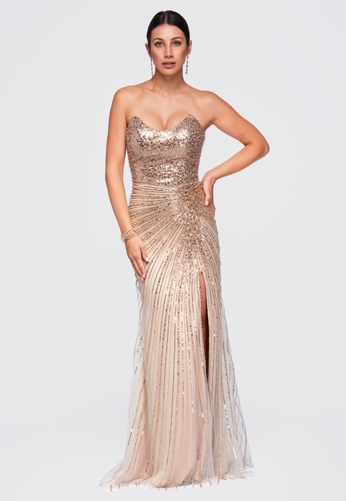 Rochie maxi eleganta de seara cu decolteu profilat si aplicatii LA-OM-DLR449, Auriu