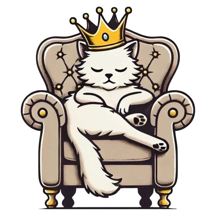 Sticker Pisica Rege pe Tron – King Cat cu Coroana, Design Amuzant - 15cm
