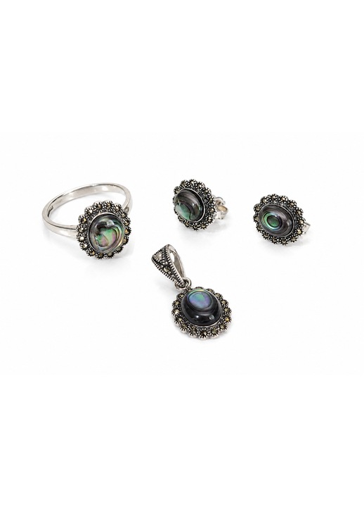 Set Vintage din Argint 925 cu Sidef Abalone si Marcasite – Medalion, Inel si Cercei
