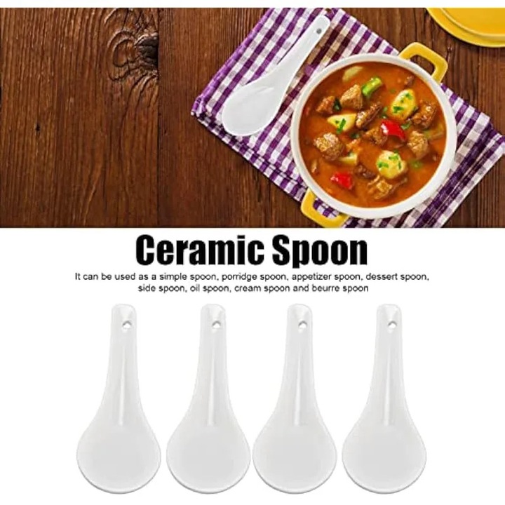 4 lingurite de supa ceramice asiatice, lingura de supa japoneza alba cu maner lung, lingura Ramen pentru galuste, Ramen, Pho, Wonton