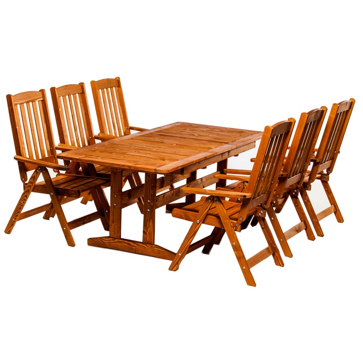 HABE EVA BON-6 Összecsukható kerti bútorkészlet fa kihúzható asztallal 160 / 210x80x73 teak színű