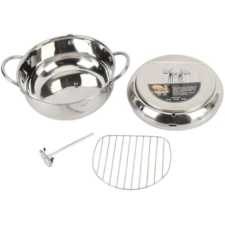 Friteuza adanca, friteuza adanca din otel inoxidabil, friteuza japoneza cu termometru, capac si scurgator de ulei pentru gatit, cartofi prajiti, pui etc. (20 cm)