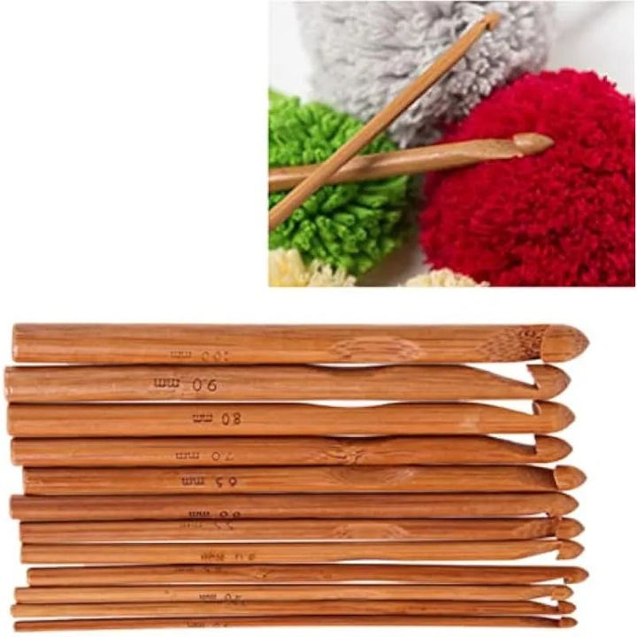 Set de 12 crosete din bambus, set de crosete ergonomice, ace de tricotat cu maner, diametre de la 3 la 10 mm, dimensiune usor de recunoscut pentru crosetat artizanal
