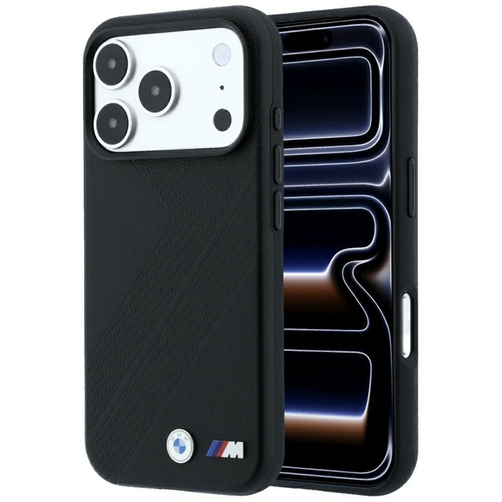Carcasa BMW M Tire Track Metal Logo BMW001249, MagSafe, rezistenta la socuri, plastic, negru, compatibil iPhone 18 Pro/17 Pro