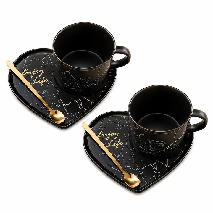 Set 2 cesti de cafea din ceramica cu 2 Farfurioare si 2 Lingurite
