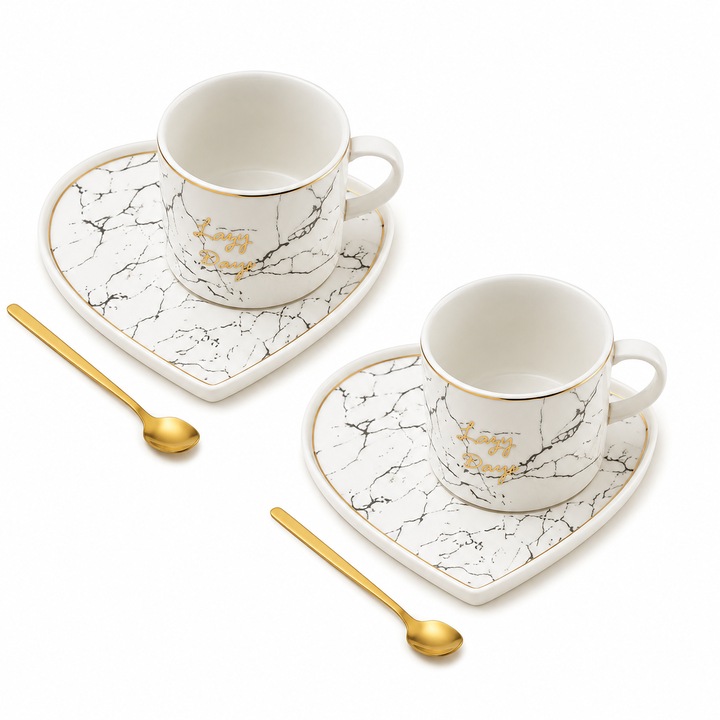 Set 2 cesti de cafea din ceramica cu 2 Farfurioare si 2 Lingurite Albe