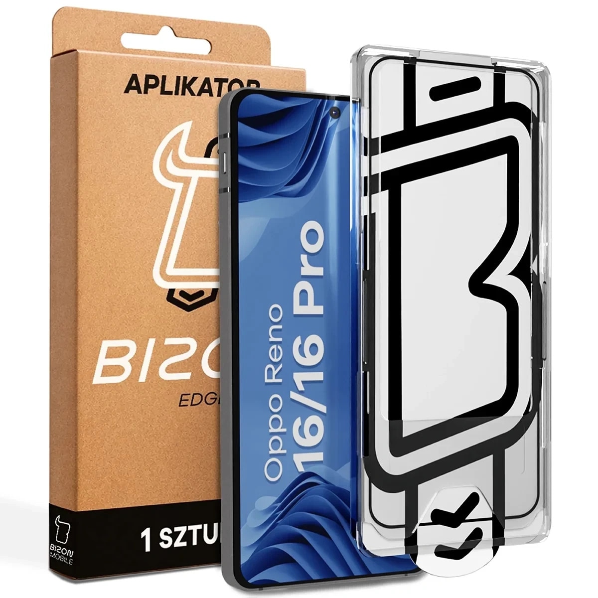 Folie sticla securizata Bizon Glass Aplikator Edge, Kit montare inclus, compatibila cu Oppo Reno 16 / 16 Pro, Negru