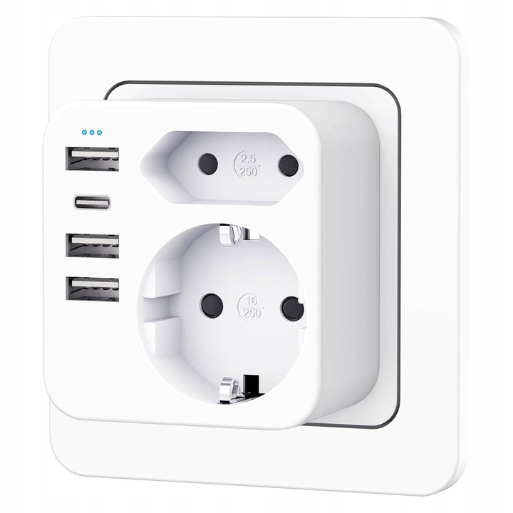 Adaptor priza 6 in 1 cu 3 USB-A si 1 USB-C, alb