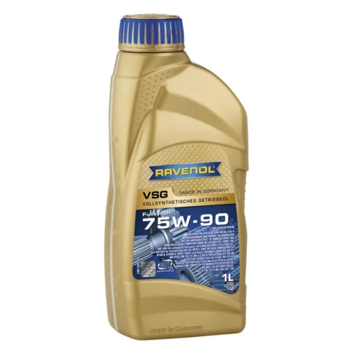 Ulei transmisie Ravenol VSG 75W-90, complet sintetic, API GL-4/GL-5, MB 235.8, MAN 342 Typ S-1, Volvo 97312/97315, auriu, 1L