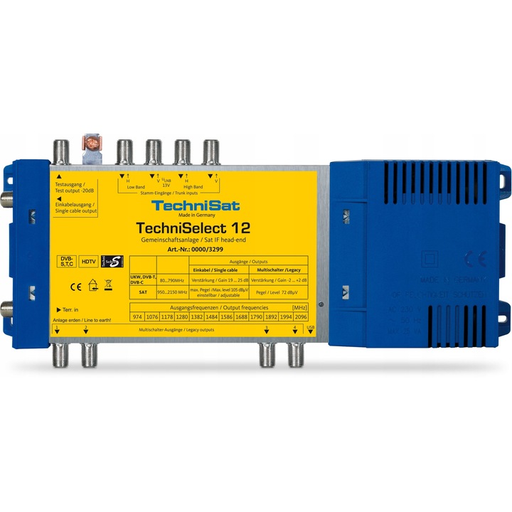 Mini head-end satelit TechniSat TechniSelect 12 (Art.-Nr. 0000/3299), distributie 12 transpondere — aprox. 120 programe, DVB‑S/T/C, iesire single cable, albastru/galben