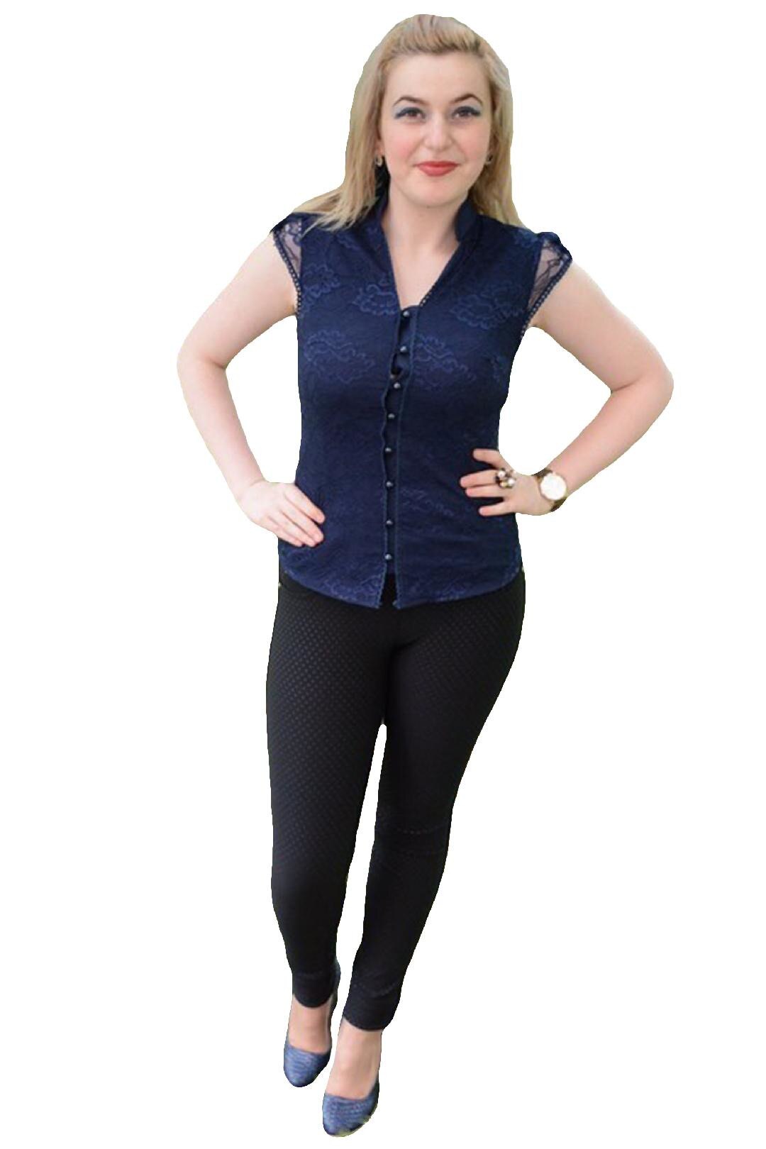 Camasa eleganta cu dantela fina in fata, D&J Exclusive, Albastru marin