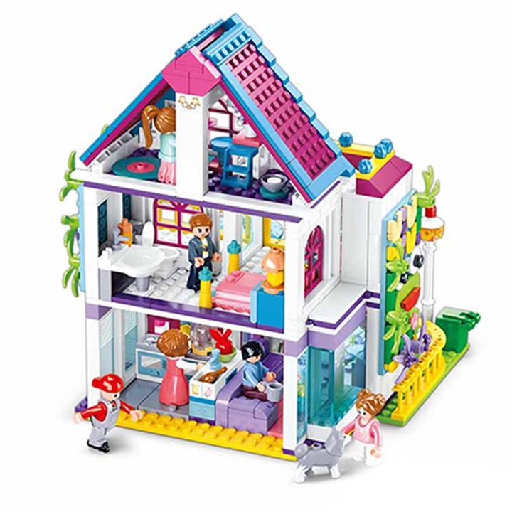 Set de Constructie Sluban Girl's Dream, Vila Familiei pe 3 Etaje, 730 Piese, Include 6 Figurine, Mobilier, Perete DIY si Separator Piese, 6-12 Ani