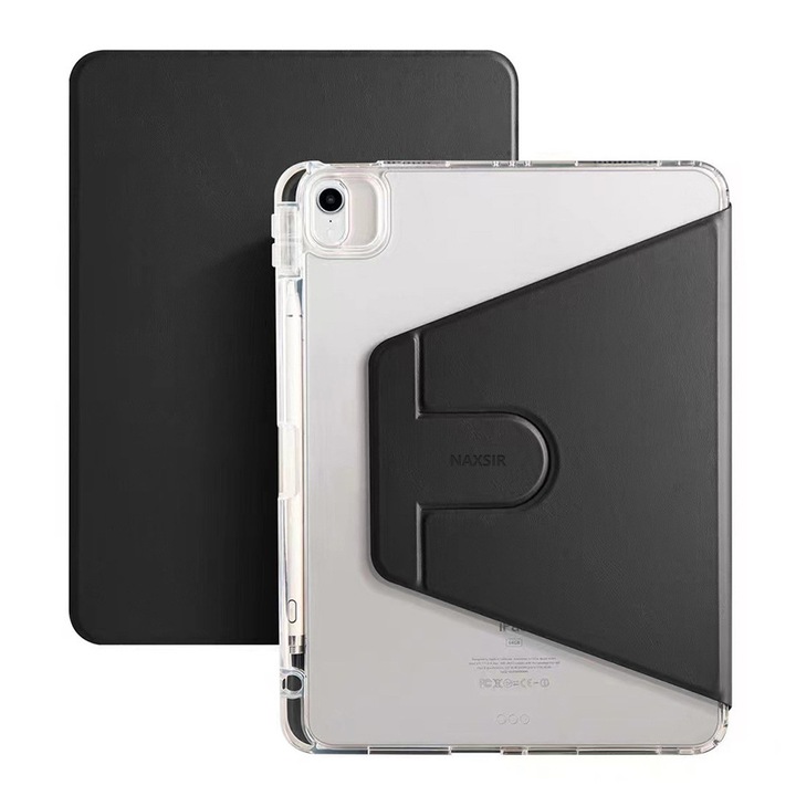 Husa protectie tableta NAXSIR, compatibila iPad 10.2" (Generatia 7/8/9), rotativa 360°, functie trezire/somn automata, slot stilou, suport portret‑peisaj, carcasa acrilica, negru transparent