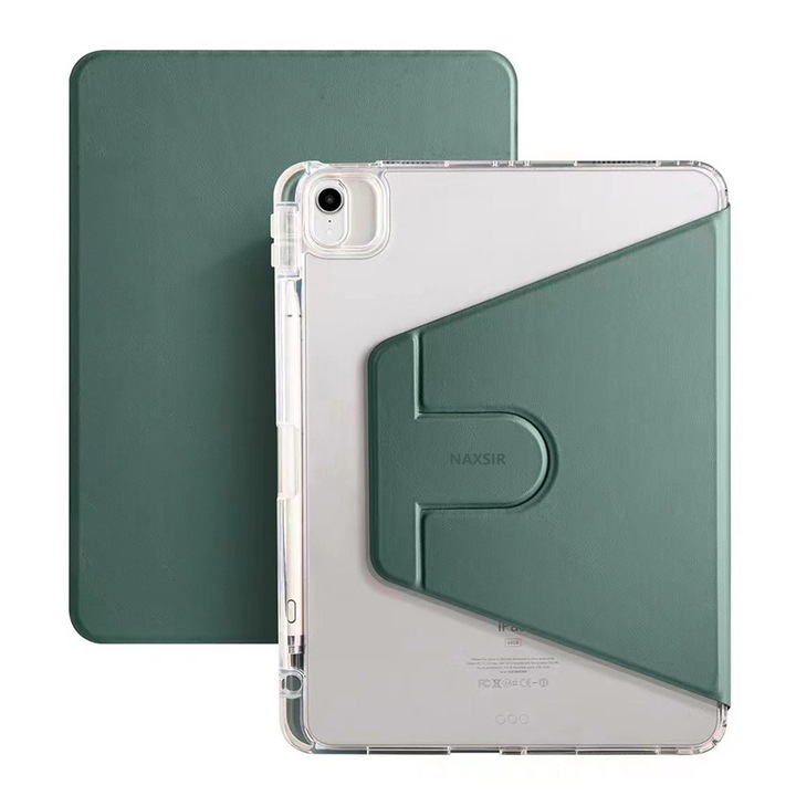 Husa protectie tableta NAXSIR, compatibila iPad 10.2" (Generatia 7/8/9), rotativa 360°, functie trezire/somn automata, slot stilou, suport portret‑peisaj, carcasa acrilica, verde transparent