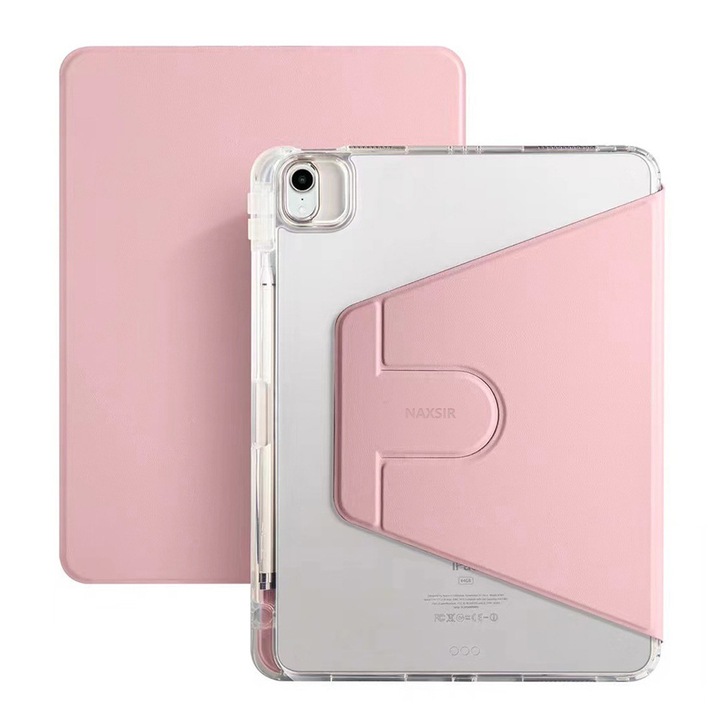 Husa protectie tableta NAXSIR, compatibila iPad 10.2" (Generatia 7/8/9), rotativa 360°, functie trezire/somn automata, slot stilou, suport portret‑peisaj, carcasa acrilica, roz transparent