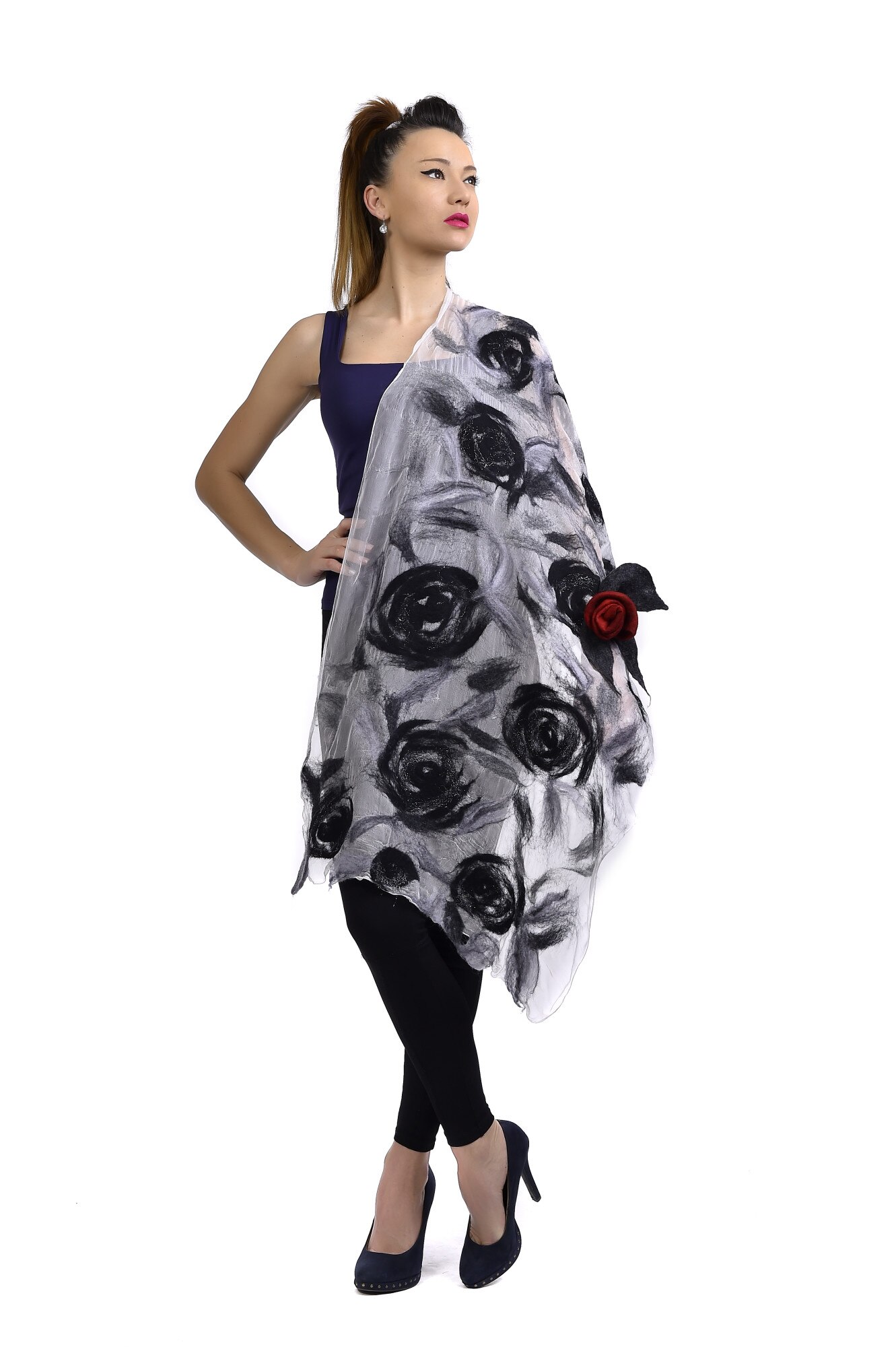 Esarfa dama Feigl trandafir,negru-alb