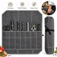 Set de depozitare pentru tacamuri din panza cerata impermeabila, geanta rulanta pentru cutite de bucatar, geanta de depozitare pentru ustensile de gatit si cutite, geanta rulanta pliabila multifunctionala pentru calatorii si gratar, 7 compartimente