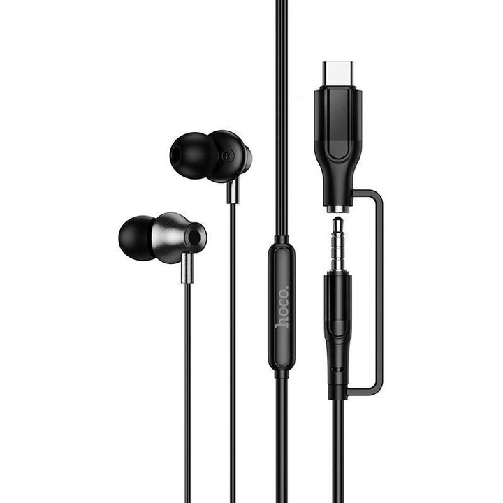 Casti in-ear Hoco M119A cu fir, 3.5 mm + USB-C, microfon si telecomanda, 10 mm, negru, cablu 1.2 m