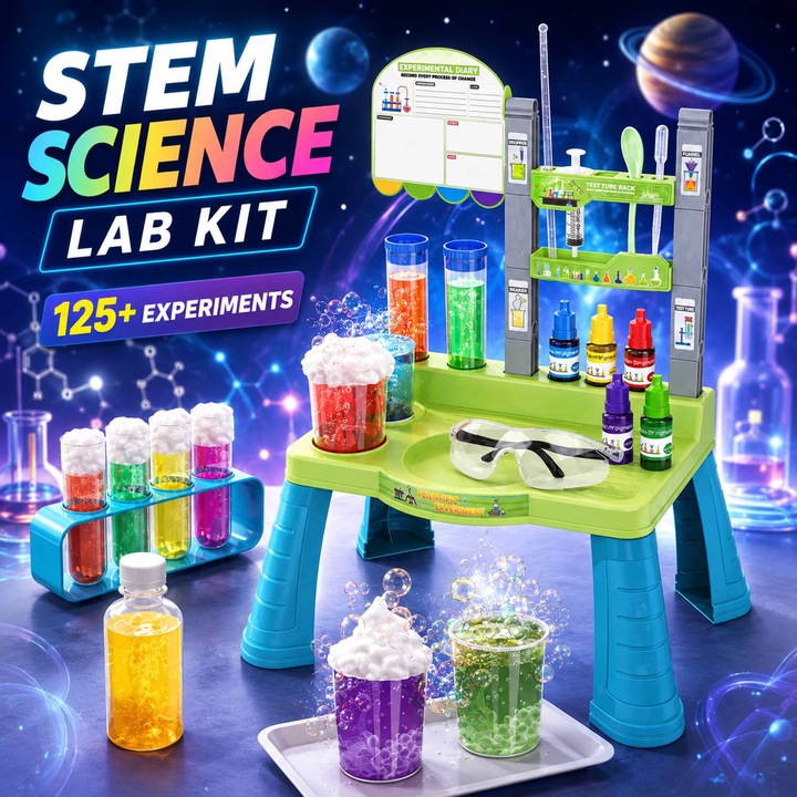 Set Laborator Stiintific STEM pentru Copii, Masa de Experimente, 125+ Experimente de Chimie si Fizica, Joc Educational Interactiv, Ochelari, Reagenti, Tuburi si Ghid Ilustrat, pentru Acasa, Multicolor
