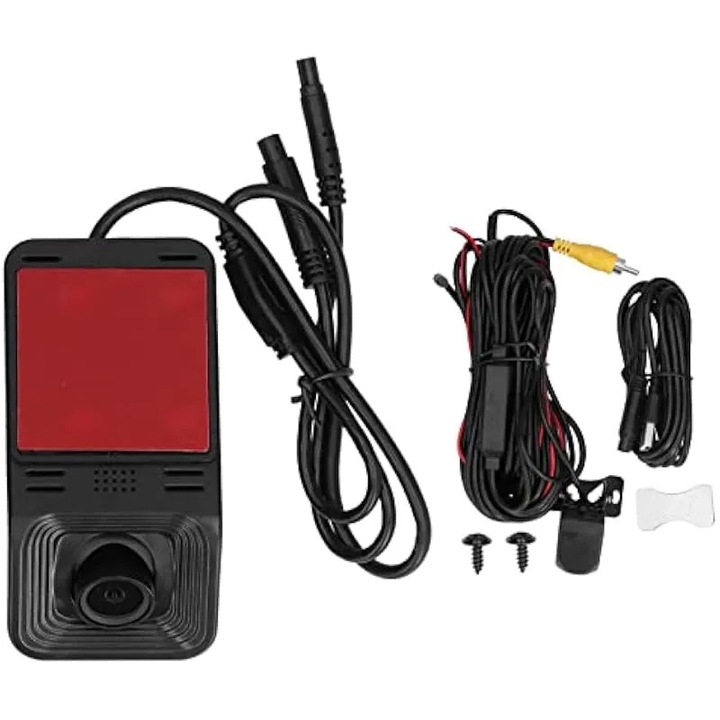 Camera auto USB 1080P HD cu inregistrare video, DVR auto, ADAS, lentile duble, universala pentru navigatie Android, material ABS, unghi de 140°, lentile duble fata si spate, control prin ecran tactil