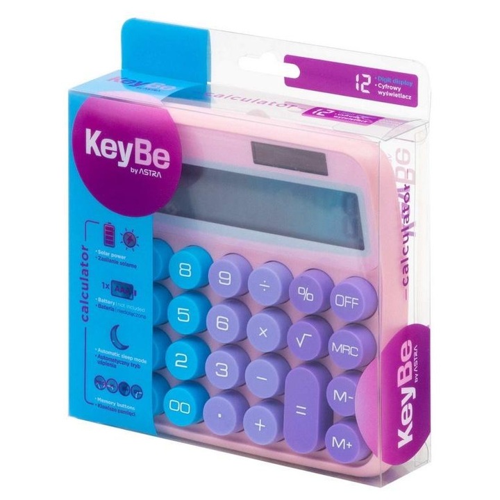 Настолен калкулатор KeyBe Pastel Line, 12 цифри, кръгли бутони, соларно и батерийно захранване, многоцветен, модел 795121