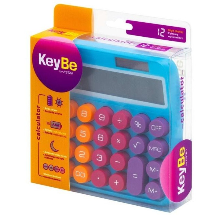 Настолен калкулатор KeyBe Neon Line 2 (795124), 12 цифри, кръгли бутони, соларно + AAA батерийно захранване, многоцветен