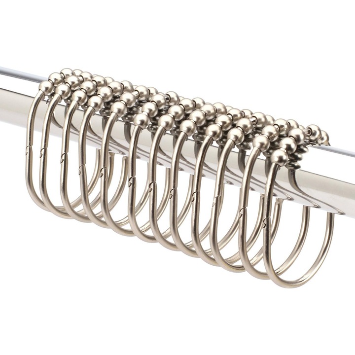 Carlige pentru perdea de dus ZYBLSSBB LSM2XH3650-DCF215-1, inox cu 5 bile rulante, finisaj argintiu, set 12