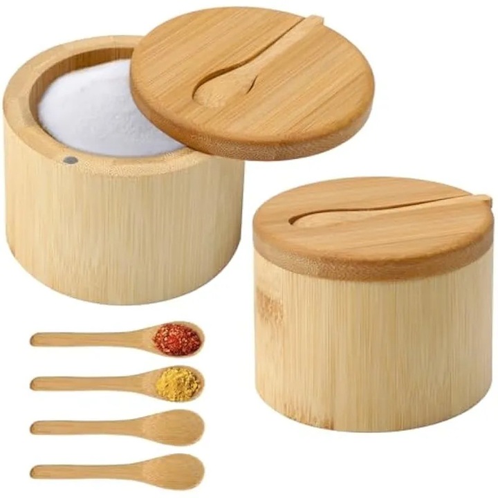 Pachet de 2 recipiente pentru sare din bambus, recipient pentru sare cu capac magnetic si 6 linguri, borcan din lemn pentru condimente, cutie de depozitare din bambus natural, capac rotativ pentru depozitare, cutie