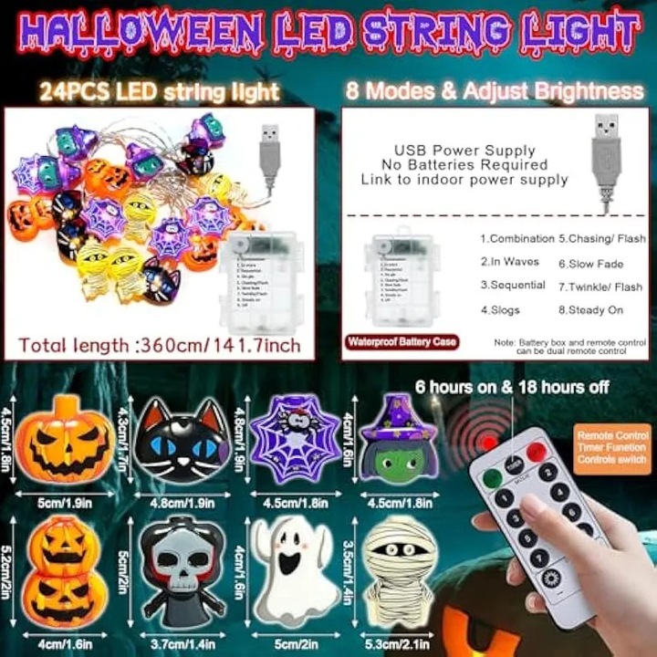 Halloween világító füzér 3,6 m, 24 LED-del, szellem, pók, denevér, tök, beltéri és kültéri dekorációk
