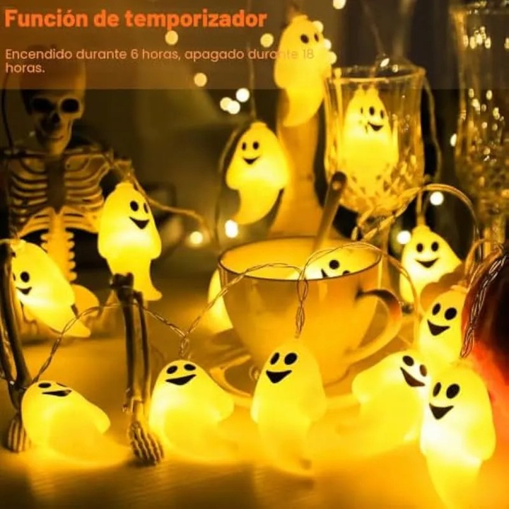 XVZ Halloween Füzérfények, 3 m, 20 LED, Halloween Szellemmel, Időzítővel és Elemes Működéssel, Halloween Dekorációk Hálaadásra - Fehér Szellem