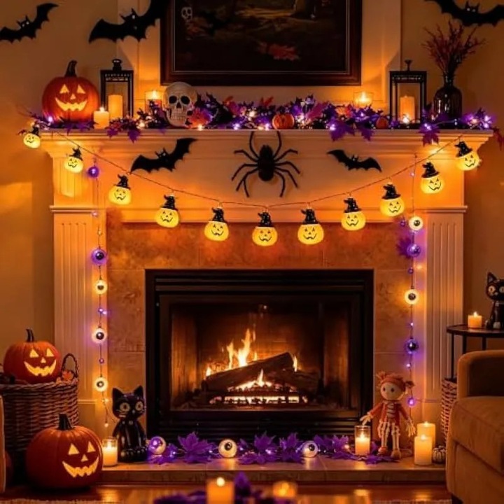Dekoratív fényfüzér Halloweenre, 20 LED, Narancssárga szín, Időzítő, Elemmel működik, Halloween dekoráció, Beltéri és kültéri használatra, Party, Kert