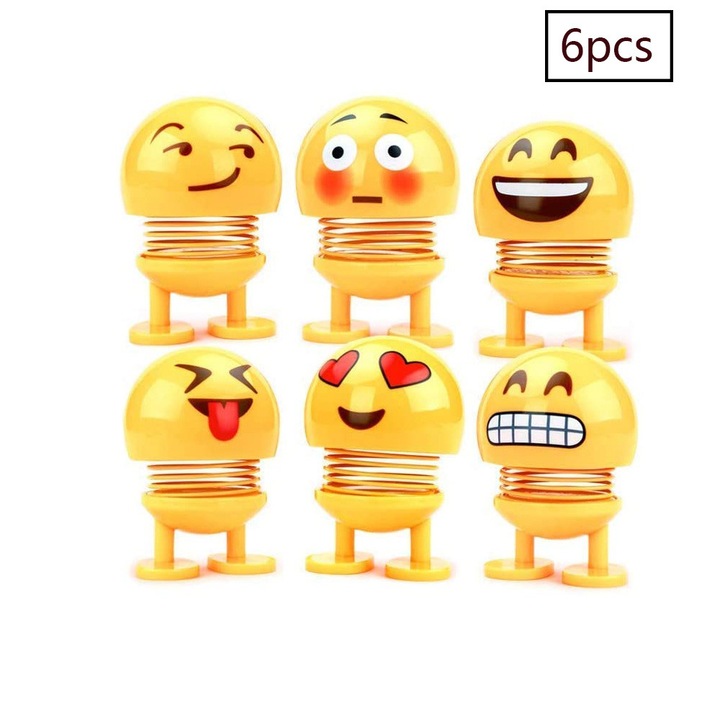 Set de 6 jucarii bobble head emoji ZYBLSSBB LSM2XH6791-LL-1691, cu arc, galben