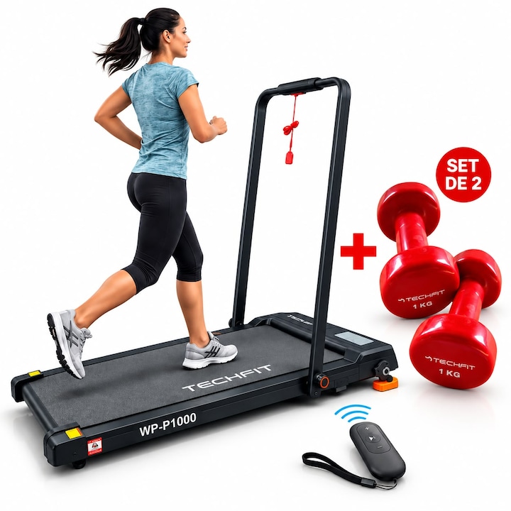 Пакет Електрическа бягаща пътека TECHFIT WP-P1000, 2 к.с., 12 км/ч, 110 кг, дистанционно управление + 2 дъмбела 1 кг