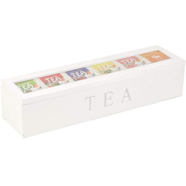 Cutie pentru ceai ZYBLSSBB LSM2XH9048-LN-2067-2, din bambus cu 6 compartimente, capac transparent magnetic, alb
