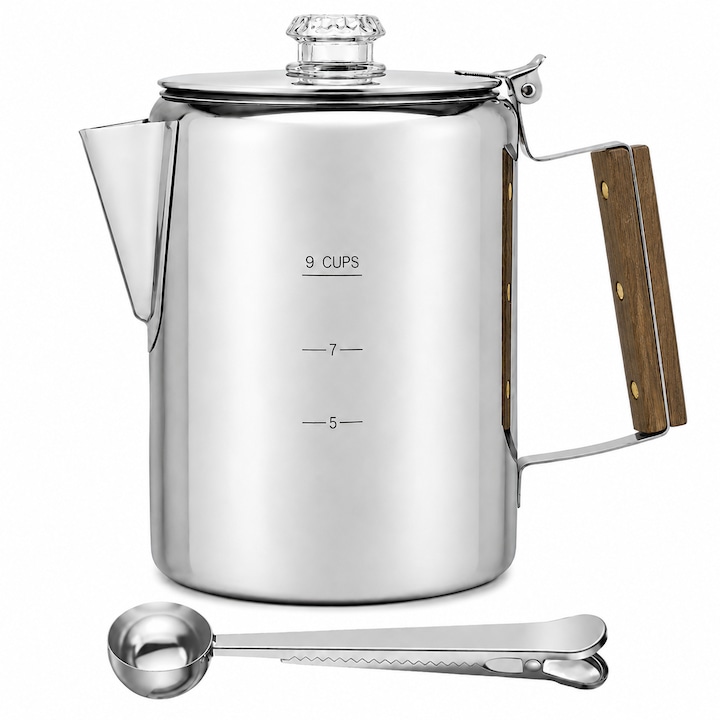 Cafetiera Percolator BLISSBUZZ din otel inoxidabil 304, 9 cesti, maner termoizolant din lemn, vizor din sticla