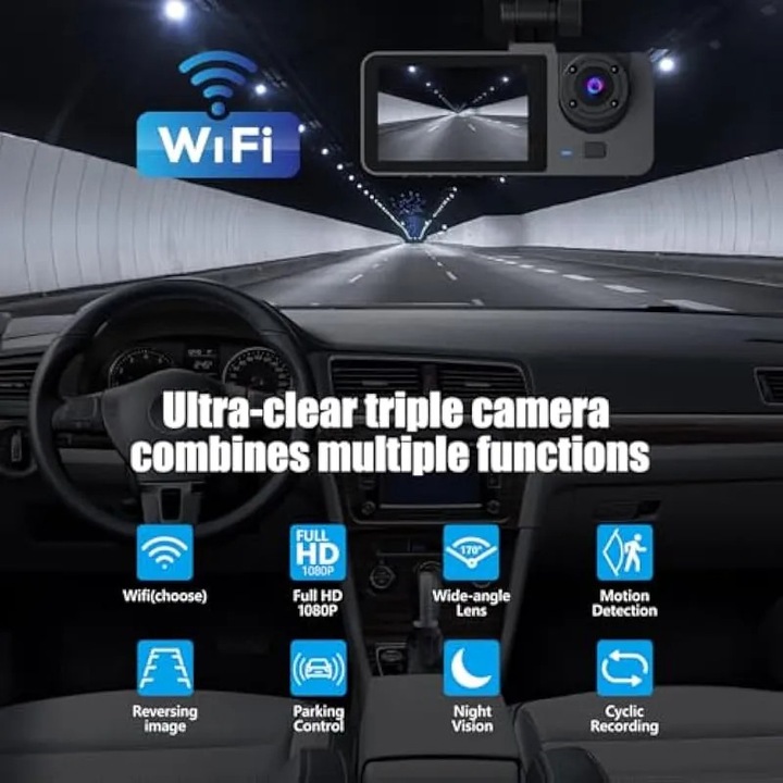 Camera auto WLAN 1080P, camera auto fata-spate pentru interior cu card SD de 32 GB, supraveghere parcare, vedere nocturna in infrarosu, senzor G, inregistrare in bucla (versiune WLAN)