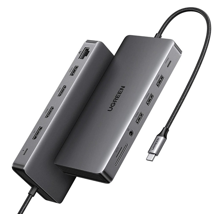 Докинг станция Ugreen CM681, USB-C към 2x HDMI, 4x USB, DP, RJ45, SD/TF, 3.5mm жак, DC, PD100W, 10Gbps, Сив