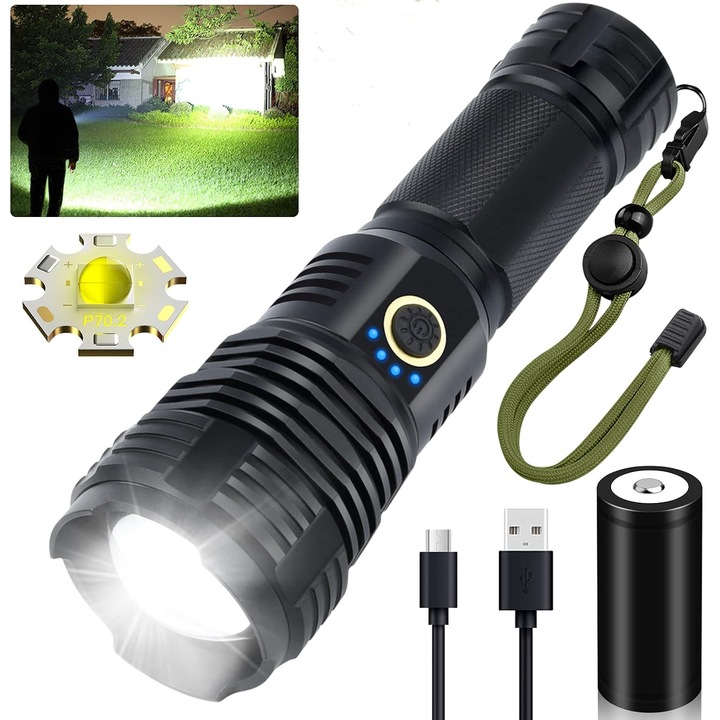 Lanterna LED ZYBLSSBB LSM2XH13194-XMWJ036 XHP70.2, 90.000 lm, reincarcabila cu acumulator 26650, zoom reglabil, 5 moduri, USB, IPX55, negru