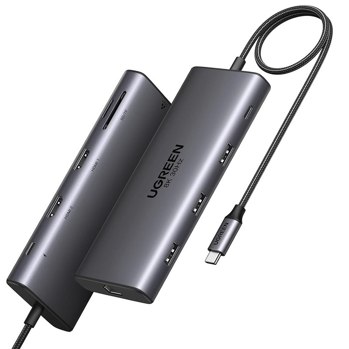 Докинг станция Ugreen CM639, Type-C към 3x USB, 2x Type-C, 2x HDMI, RJ45, SD/TF карта, PD100W, 1000Mbps, 8K, Сив