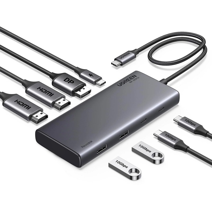 Докинг станция Ugreen CM639, Type-C към 2x USB, 3x USB-C, 2x HDMI, 1x DisplayPort, 4K@30 Hz, PD100W, 10Gbps, Сив