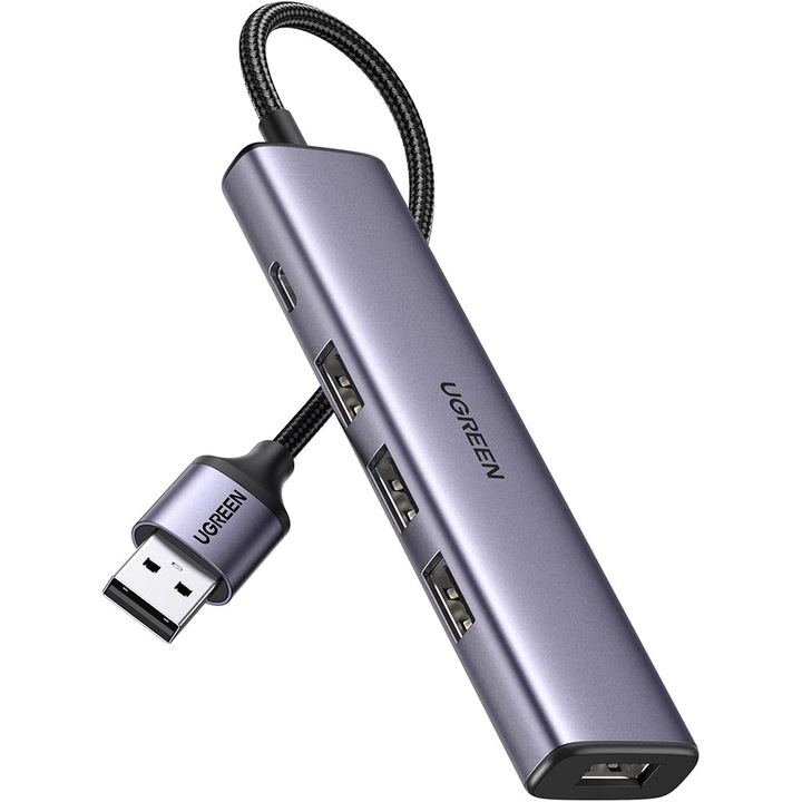 Докинг станция Ugreen CM473, USB към Type-C, 4x USB, 5Gbps, Plug&Play, Сив