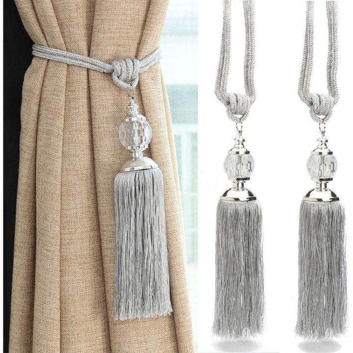 Snur pentru perdele cu ciucure ZYBLSSBB LSM2XH20522-LL-2093, margele cristal transparente, ciucure lung, argintiu, set 2 buc