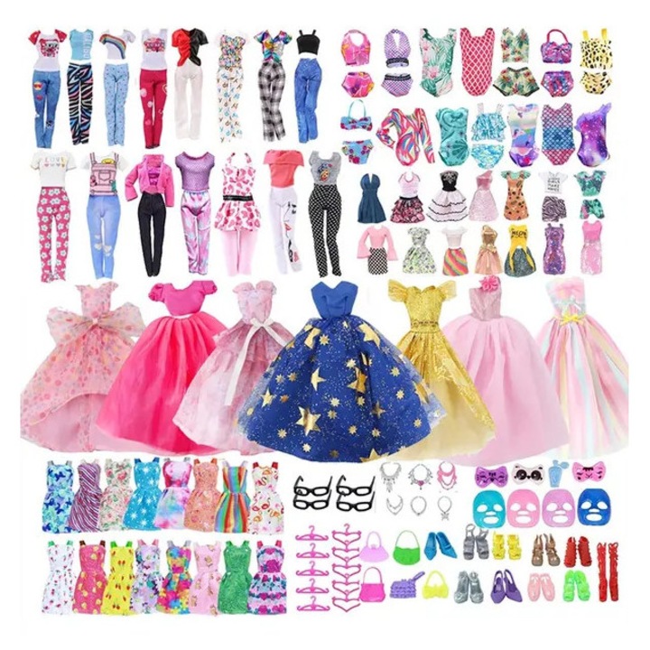 Set haine si accesorii pentru papusi 30 cm – 64 piese, rochii si tinute casual/elegante, multicolor