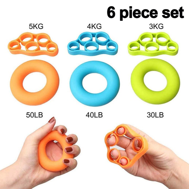 Set antrenor de forta pentru maini si degete ZYBLSSBB, silicon, 3 niveluri 3 kg/4 kg/5 kg (30/40/50 lb), 6 piese, multicolor